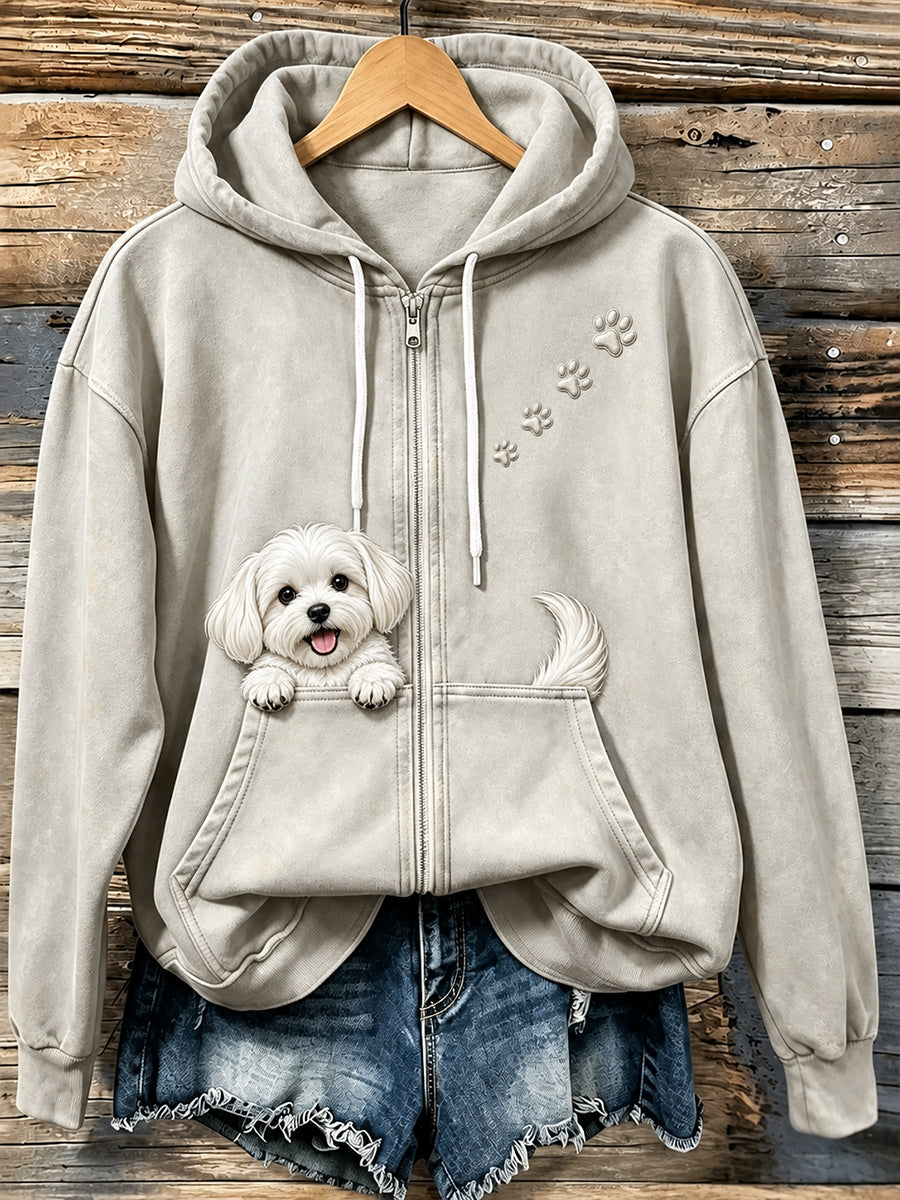 Women's Lovely Peeking Maltese & Paws Print Vintage Zip-Up Hoodie