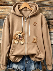 Women's Lovely Peeking Golden Retriever & Paws Print Vintage Zip-Up Hoodie