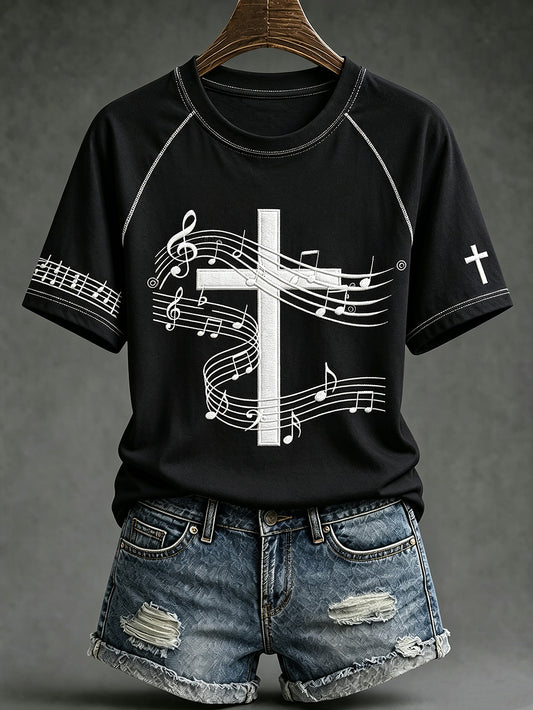 Women's Faith Theme Music Elements Pattern Design Casual  Short Sleeve T-shirt