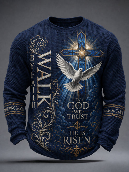 Men's Christian WALK BY FAITH Cross  Waffle Long Sleeve T-Shirt