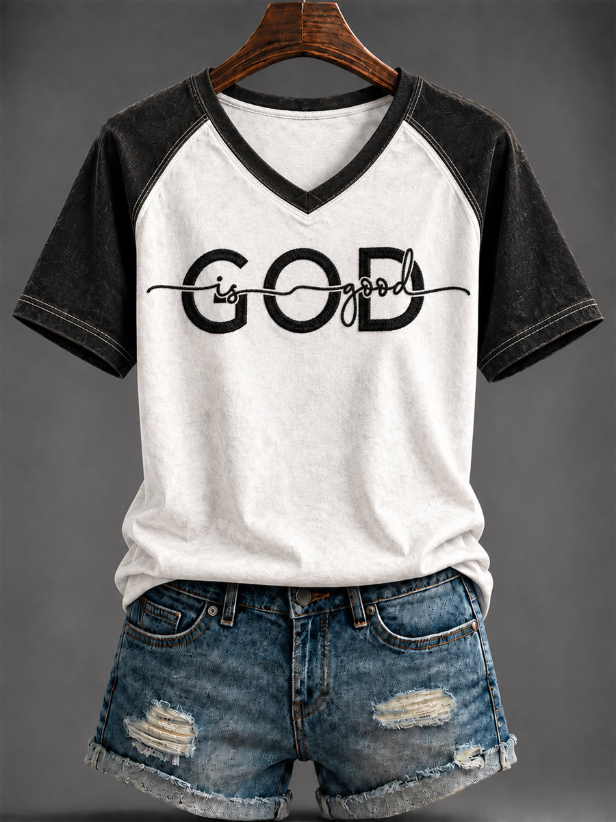 Women's “GOD is good” Printed V-neck T-shirt