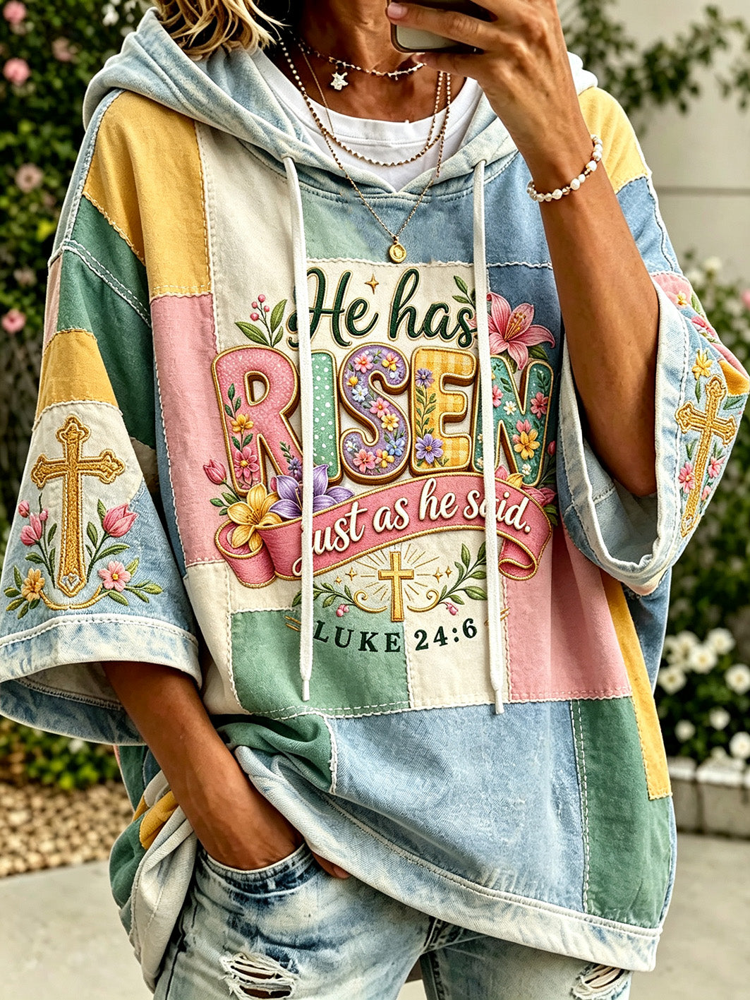 Women's faith-themed color-blocked design casual hoodie