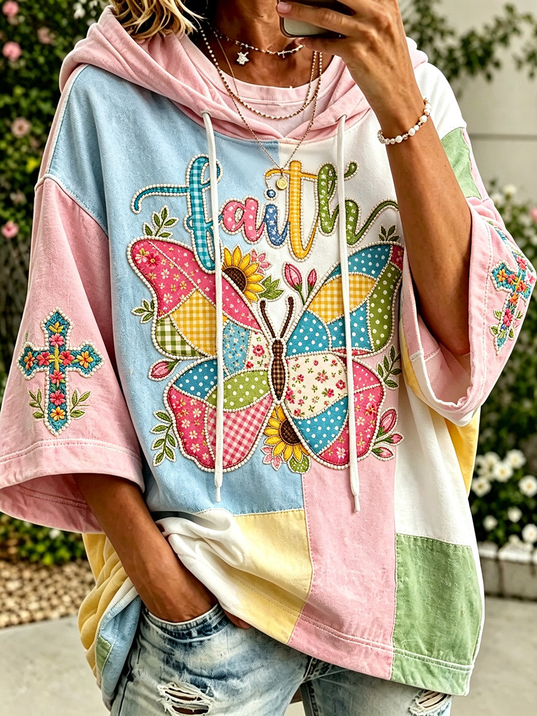 Women's faith-themed color-blocked design casual hoodie