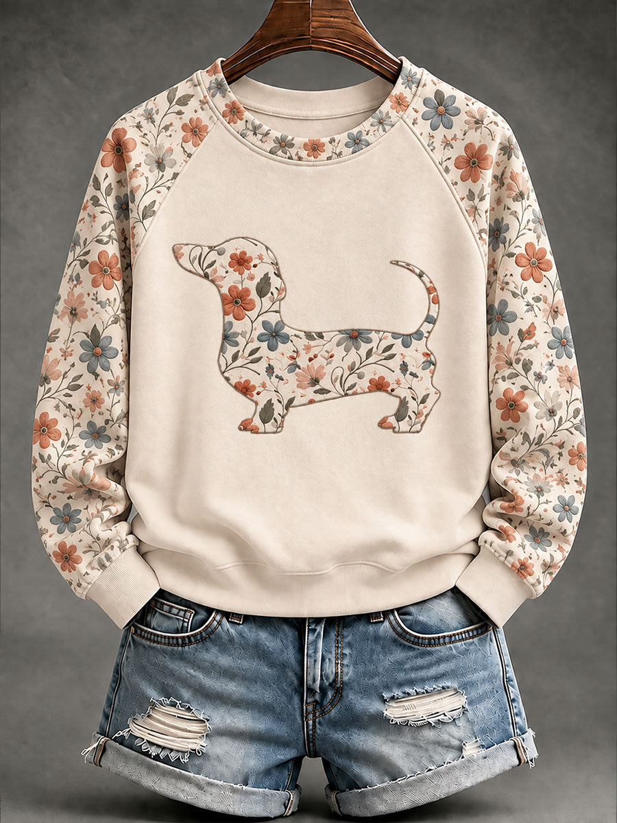 Women's Dachshund Floral Print Casual Raglan Sleeve Sweatshirt