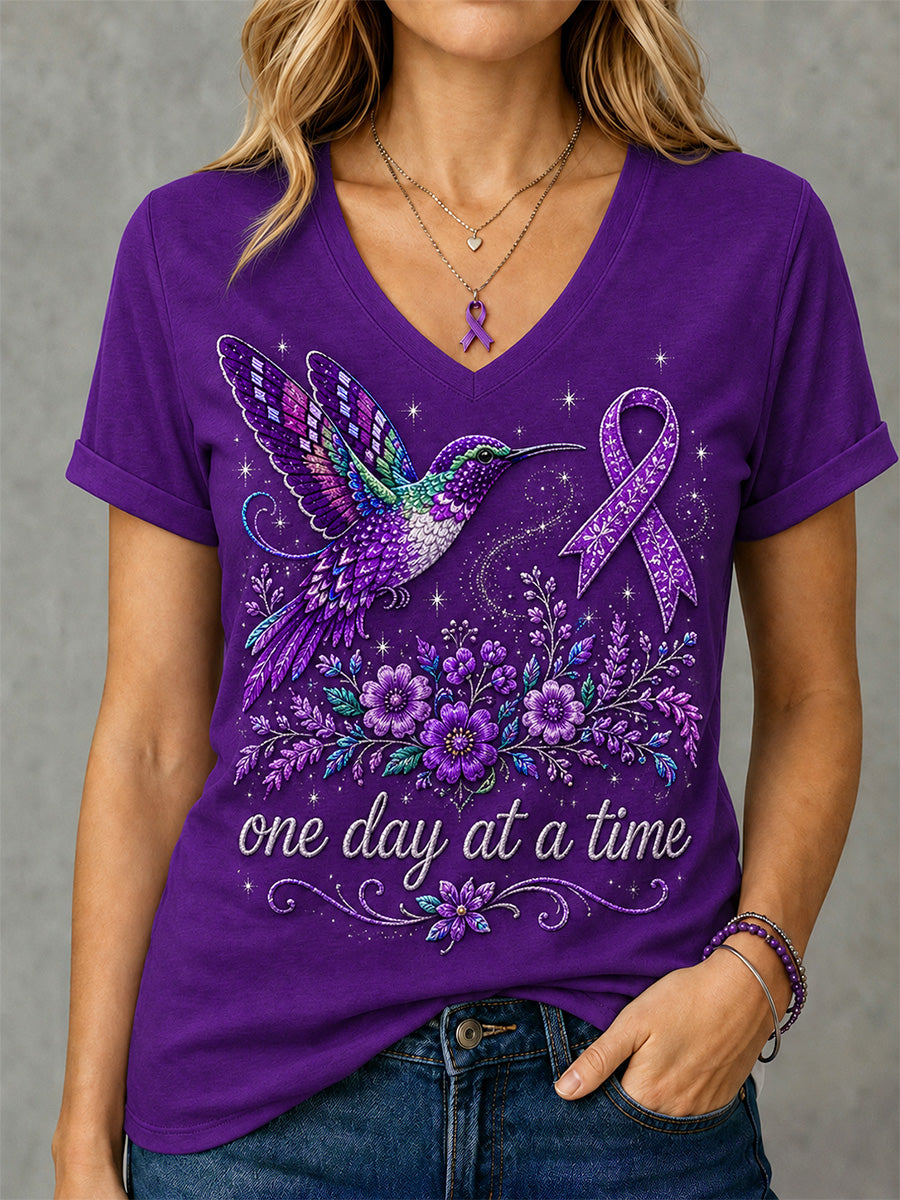 Women's Purple Floral & Hummingbird Print Alzheimer's Awareness Support V-Neck Tee