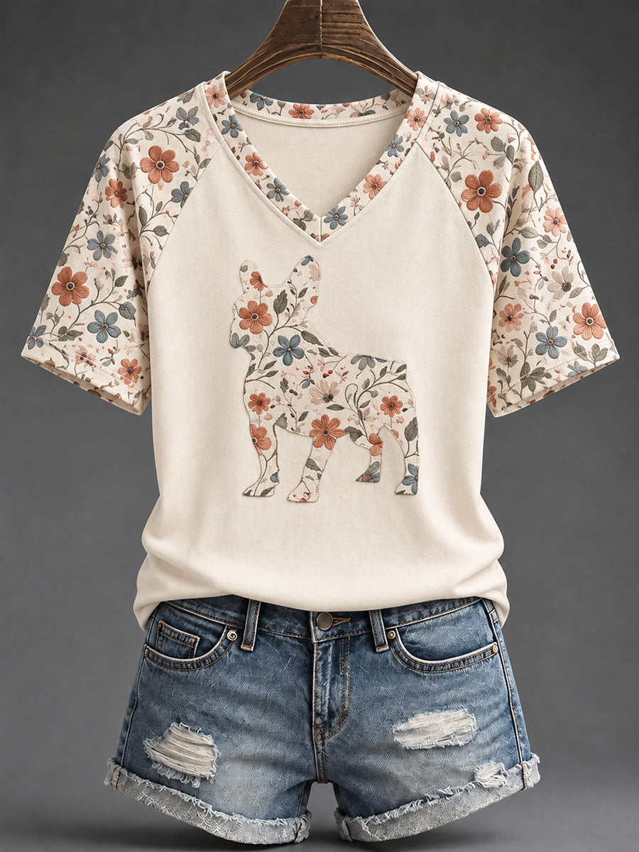 Women's French Bulldog Floral Print Casual T-Shirt