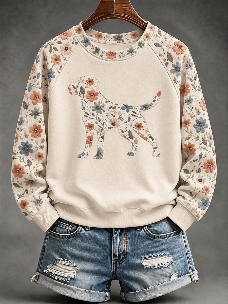 Women's Labrador Retriever Floral Print Casual Raglan Sleeve Sweatshirt