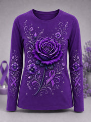Women's Purple Rose Print Alzheimer's Awareness Support Long-Sleeve T-Shirt