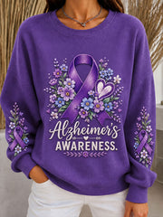 Women's Alzheimer's Disease Purple Floral Ribbed Round-Neck Sweatshirt