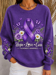 Women's Alzheimer's Disease Purple Floral Ribbed Round-Neck Sweatshirt