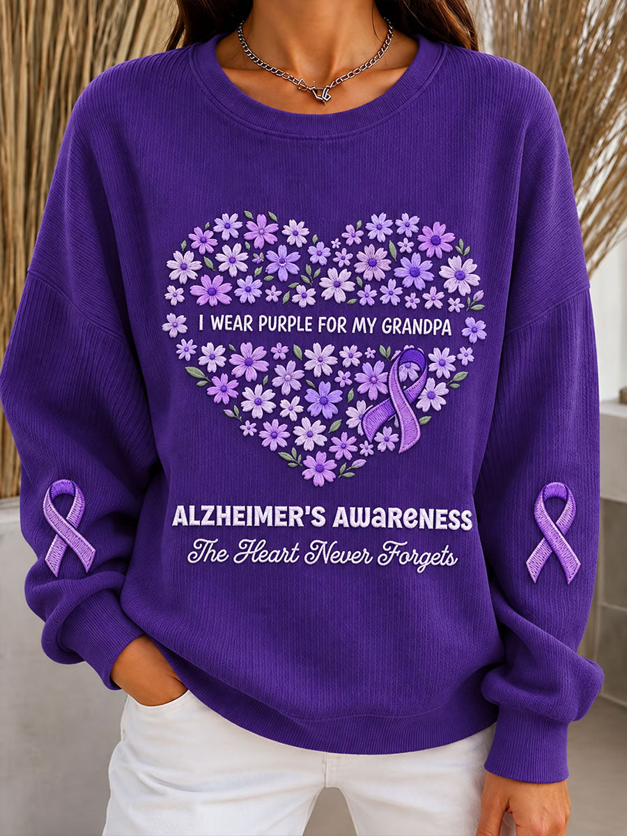 Women's Alzheimer's Disease Purple Floral Ribbed Round-Neck Sweatshirt