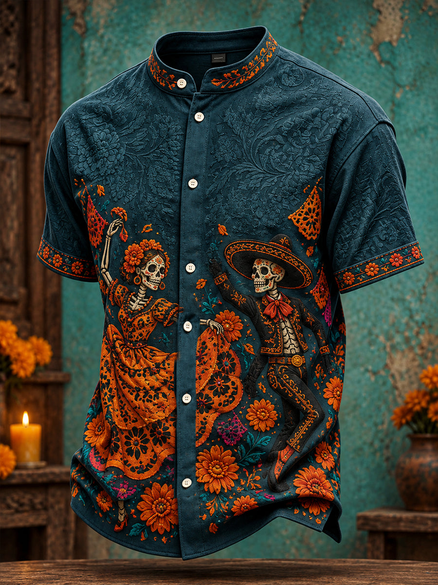 Men's Mexico Day of The Dead Floral Art Printed Shirt