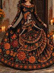Women's Mexico Day of The Dead Floral Art Printed Dress