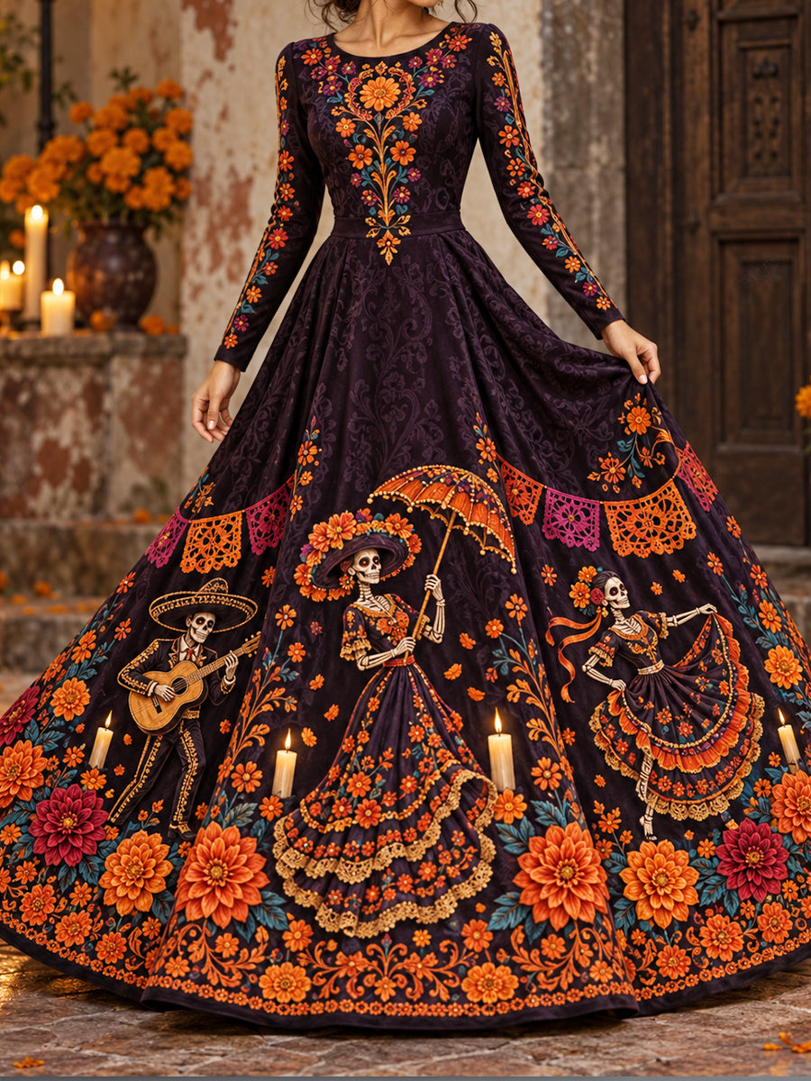 Women's Mexico Day of The Dead Floral Art Printed Dress