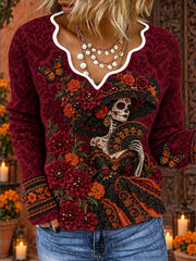 Women's Mexico Day of The Dead Floral Art Printed Tops